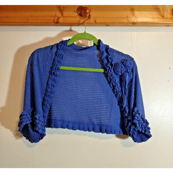 Moth Women's Blue Textured One Size Linen Blend Open Front Floral Bolero - Picture 1 of 12